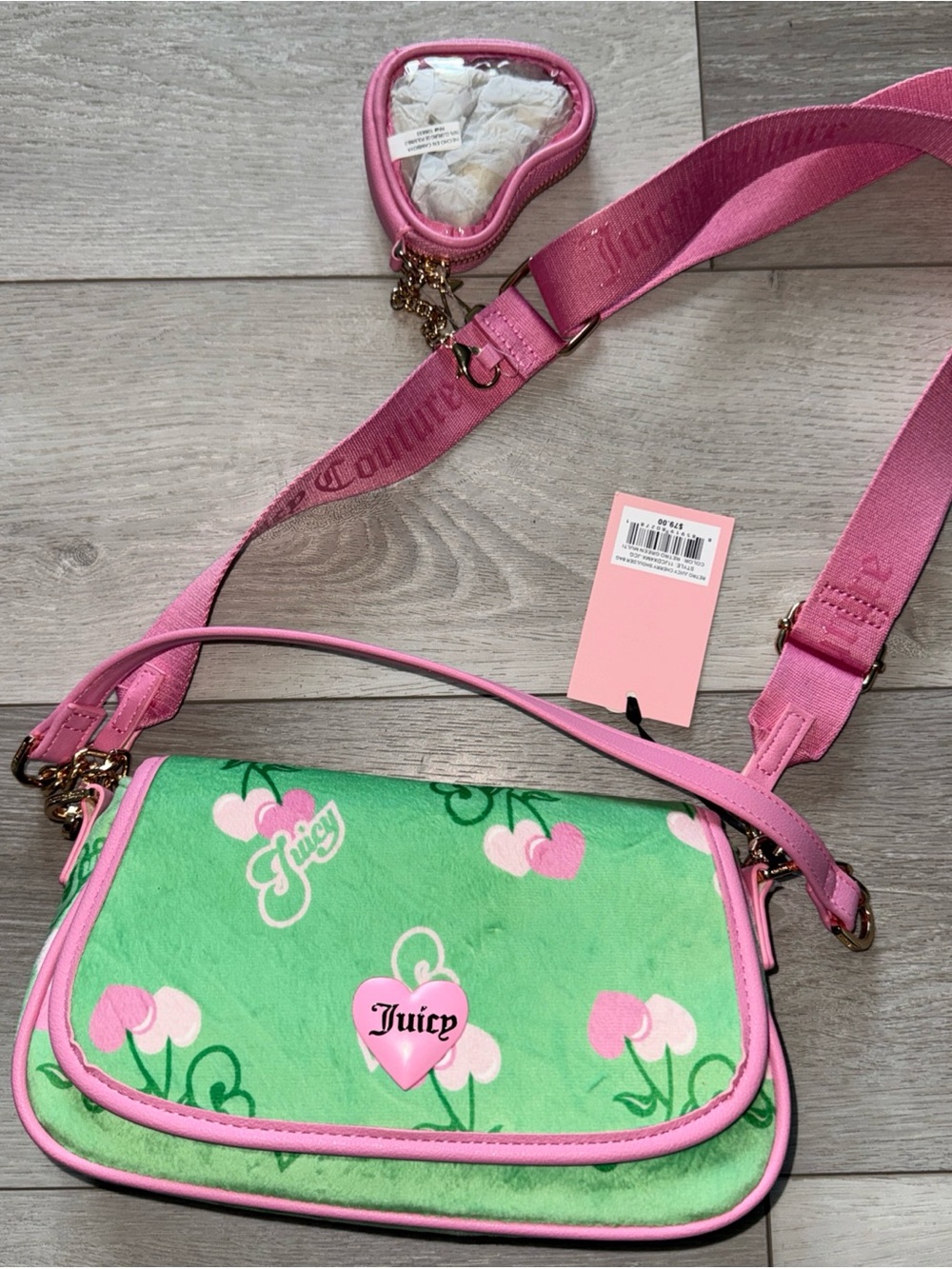 Juicy Couture Green & Pink Retro Cherry Crossbody Bag with Heart Logo